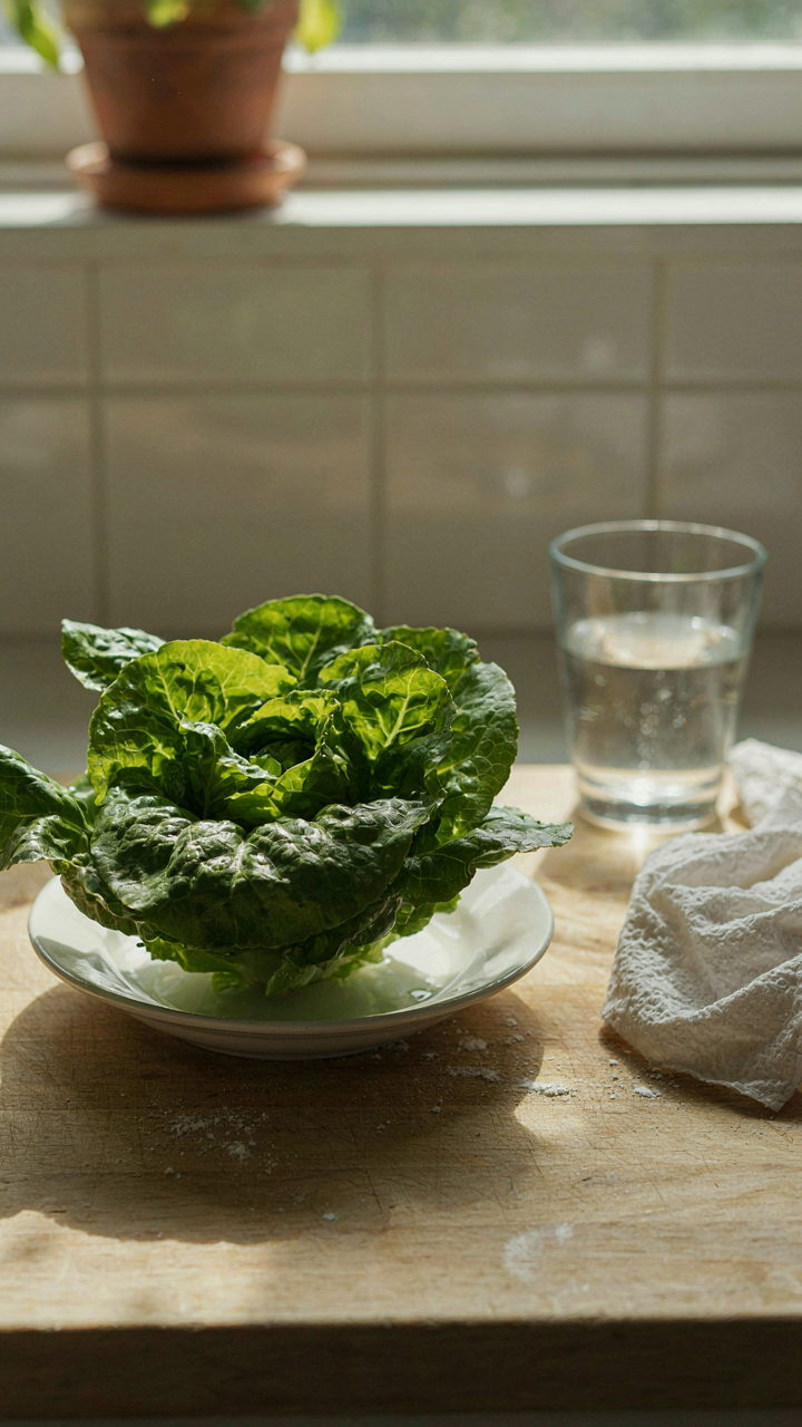 A fresh head of lettuce wilts in direct sunlight on a hot day.