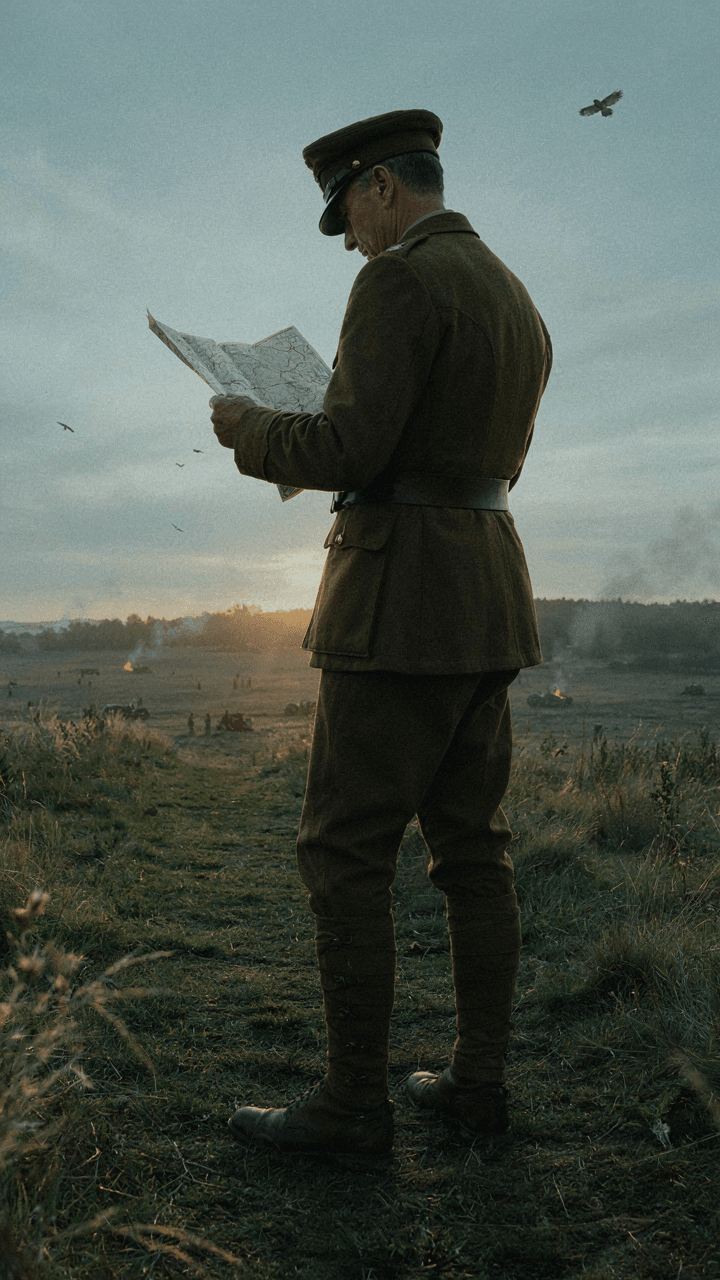 A general stands on a high hill overlooking a battlefield at dawn.