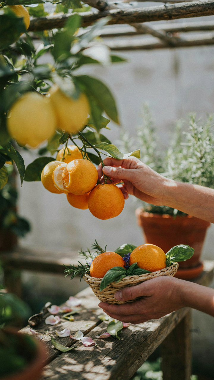 A hand picking fresh citrus, herbs, and botanicals from a sunny garden.