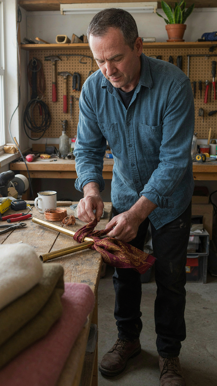 A person wraps a small pipe with a decorative blanket indoors.
