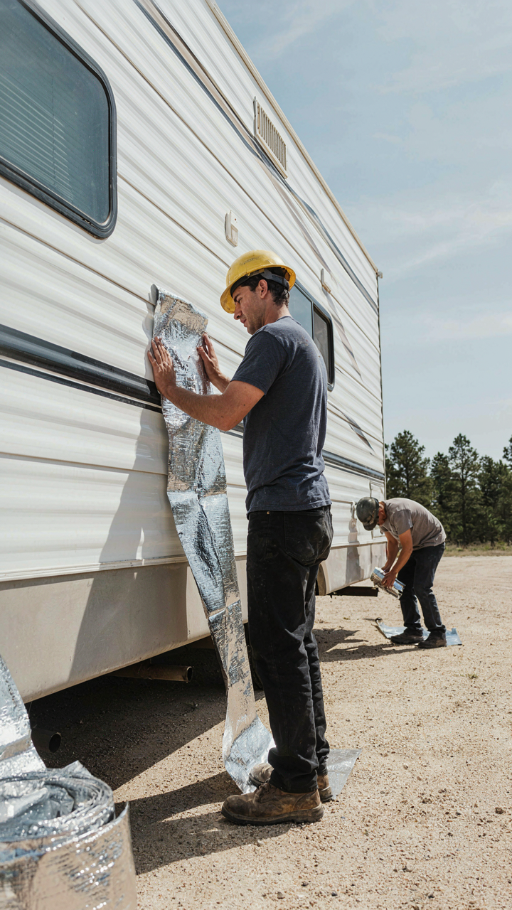 A person applies reflective insulation to an RV wall in direct sunlight.