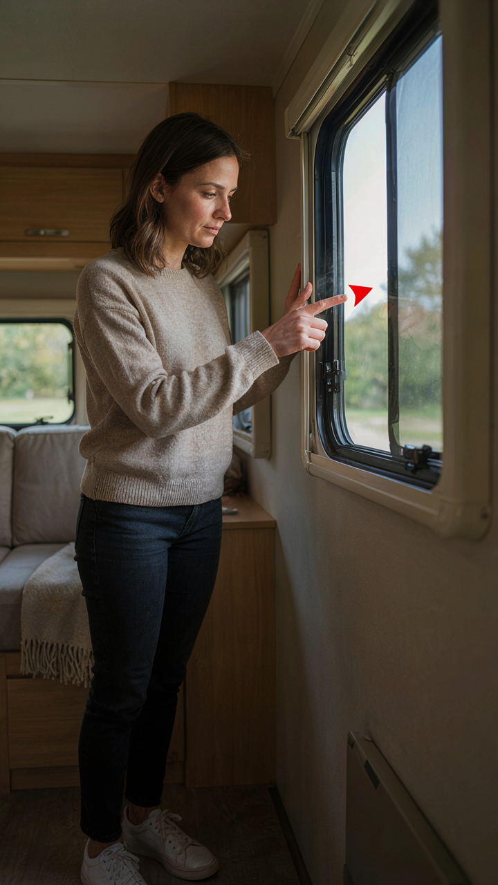 A person points at a gap in an open RV window frame.