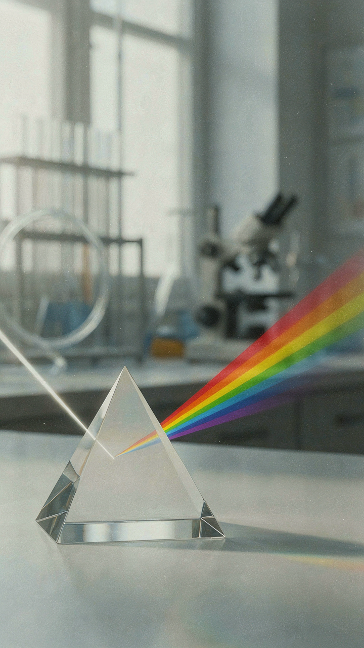 A prism splits a beam of white light into different colors.