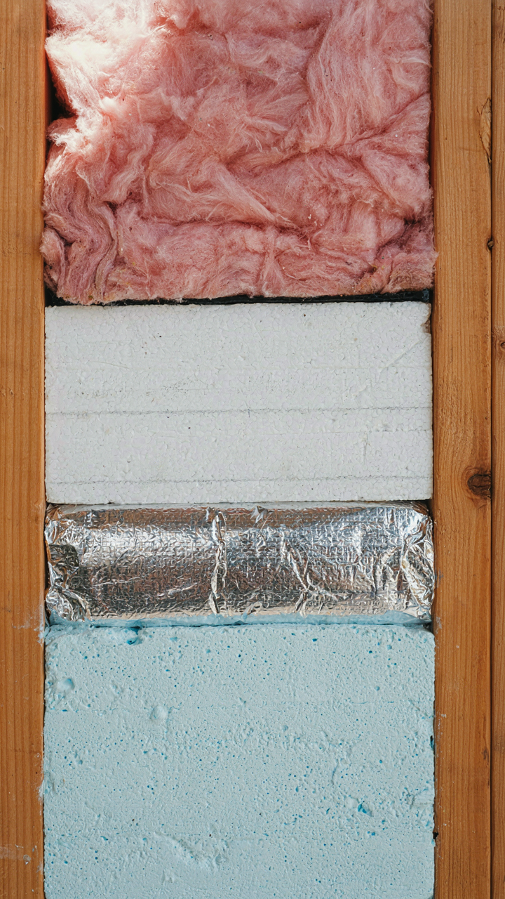 A cutaway view of a wall showing layers of insulation materials like a circuit board.