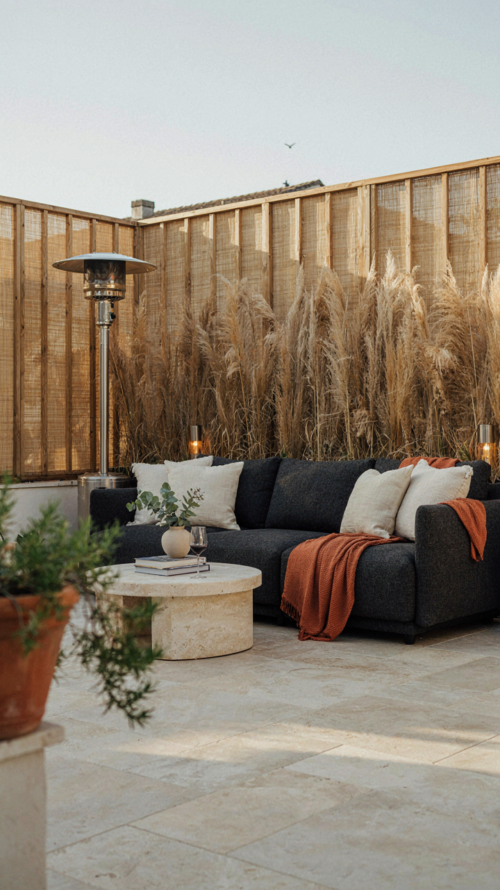 Strategic patio heater placement warms an outdoor seating area.