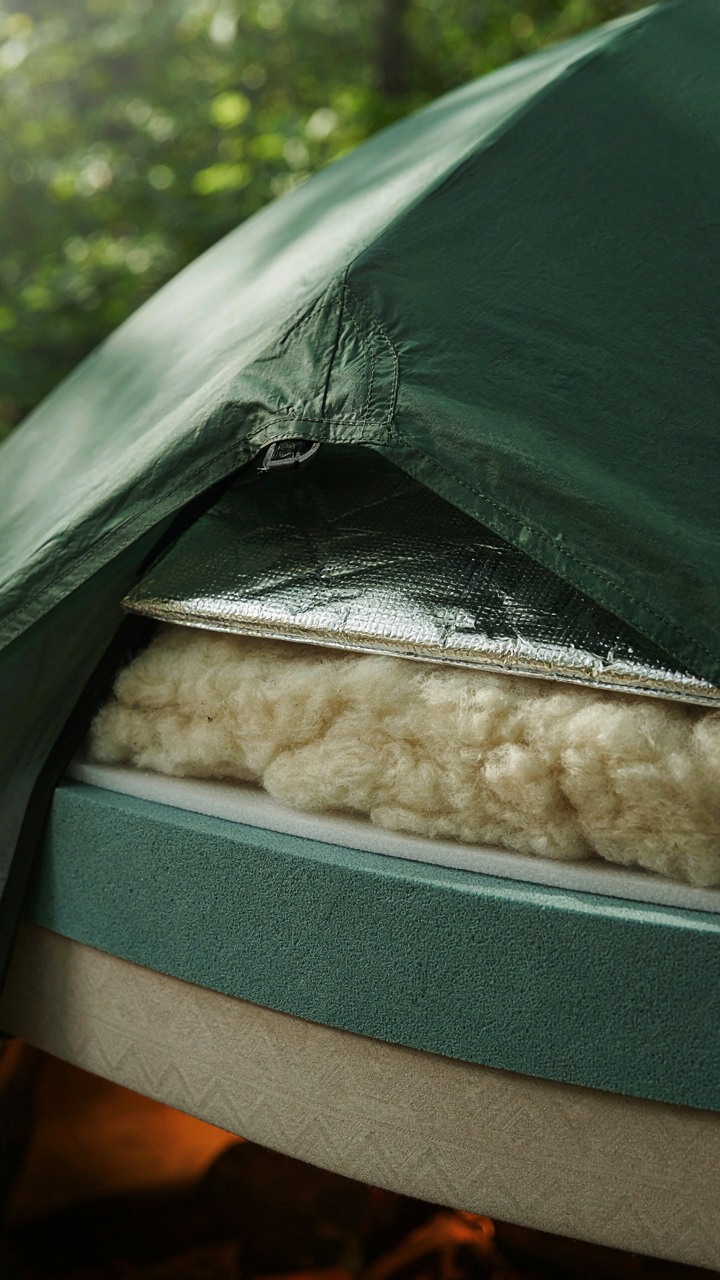 A cross-section of a tent wall with insulation visible.