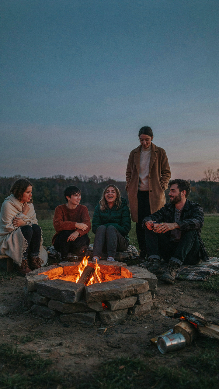 Friends around an outdoor fire pit, one person is cold and wraps in an outdoor blanket.
