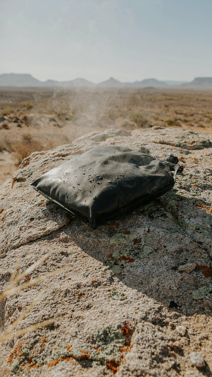 A dark water bladder warms in the sun for a camping shower idea.