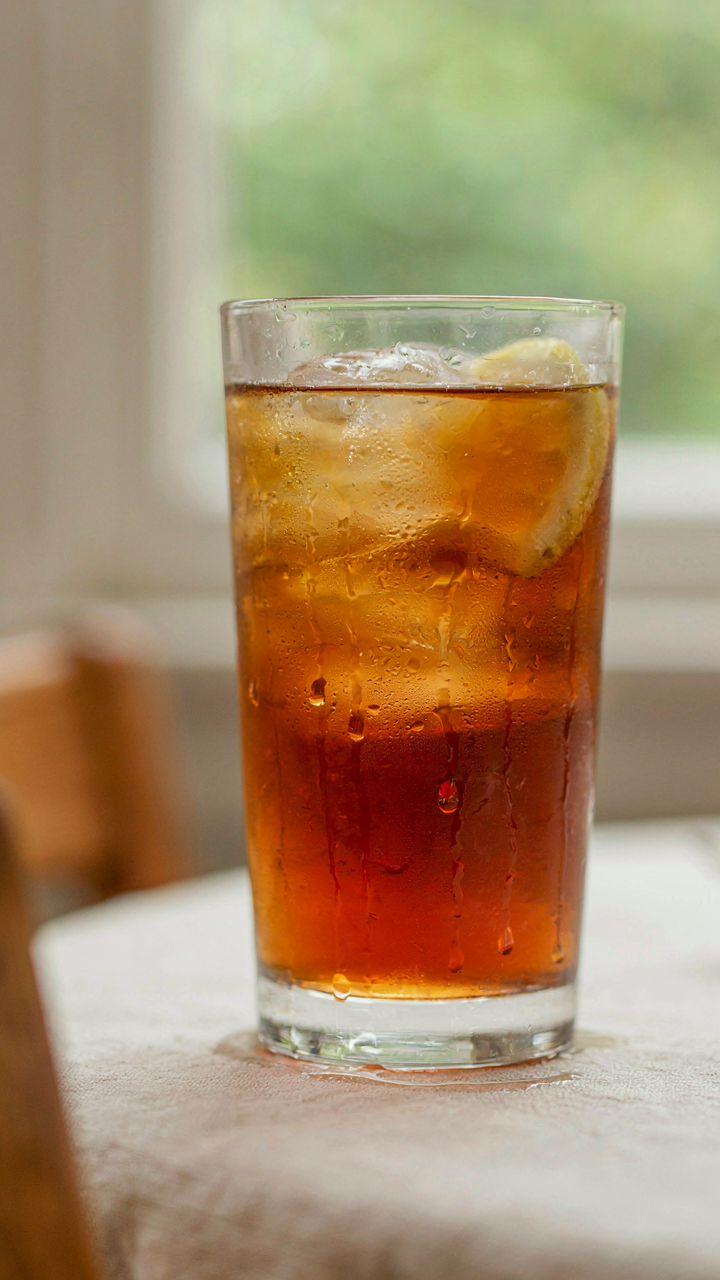 Condensation drips down a cold glass of iced tea on a hot day.
