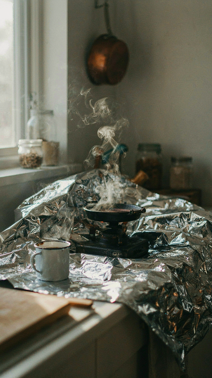 A shimmering thermal blanket reflects heat from a camp stove.