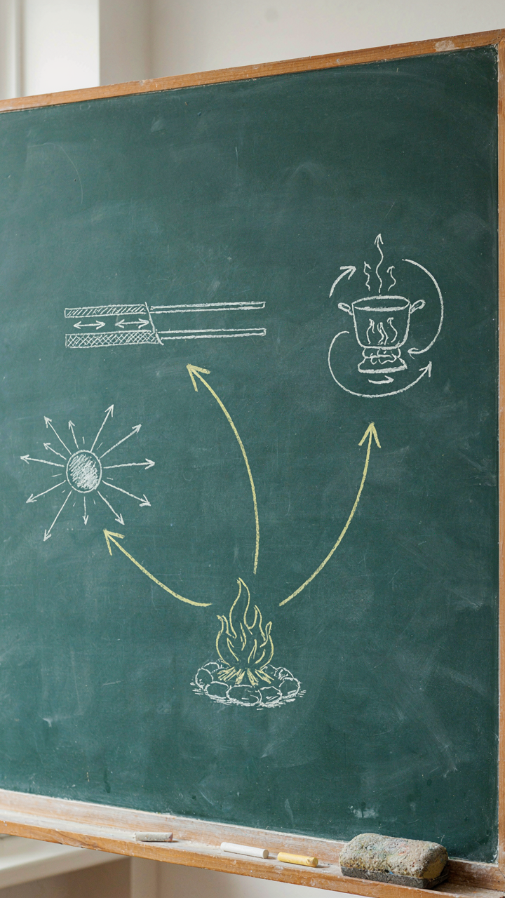A chalkboard shows a diagram of heat transfer around a small fire pit.