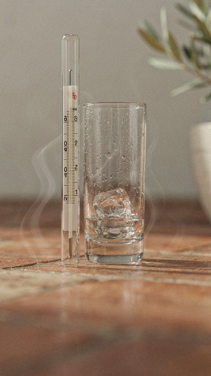 A thermometer shows a high temperature on a sun-drenched patio.