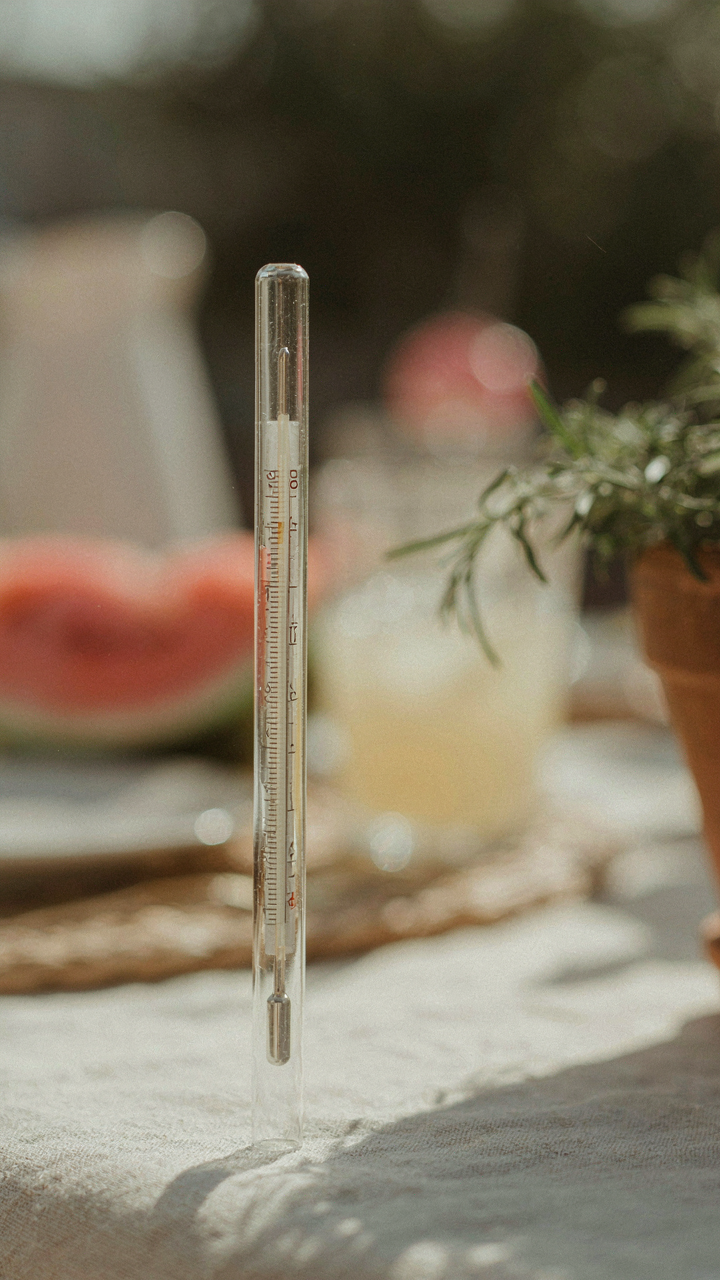 A thermometer shows a high temperature in a sunny outdoor setting.