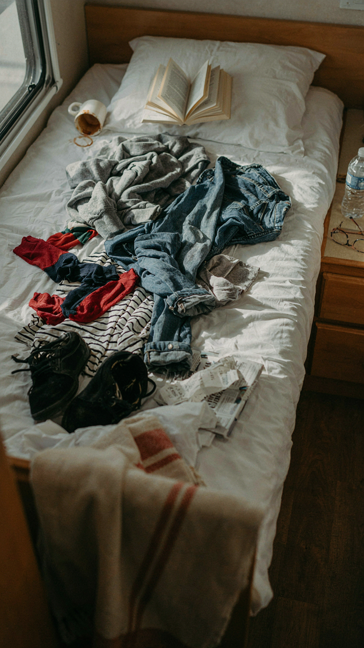A messy pile of dirty clothes and items on a small RV bed.
