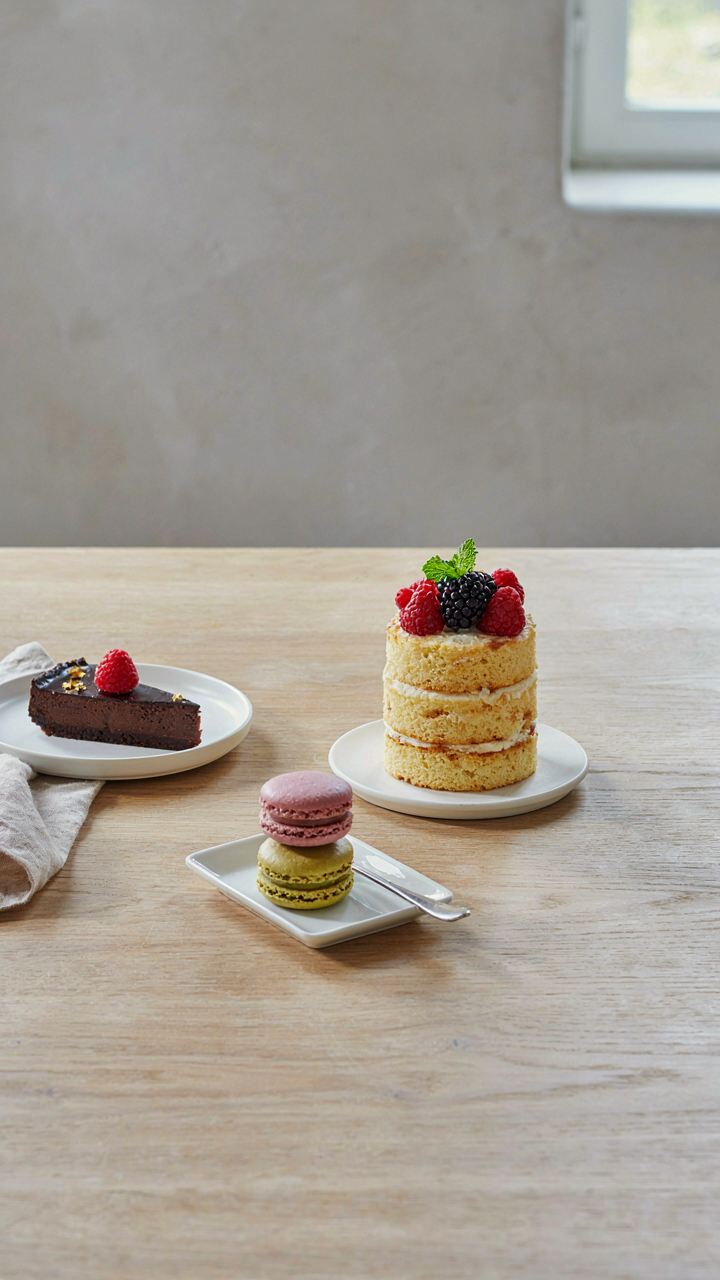 Three distinct and beautifully plated dessert options on a minimalist table.