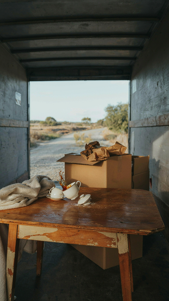 A teacup shakes on a table inside a moving box truck, spilling coffee.