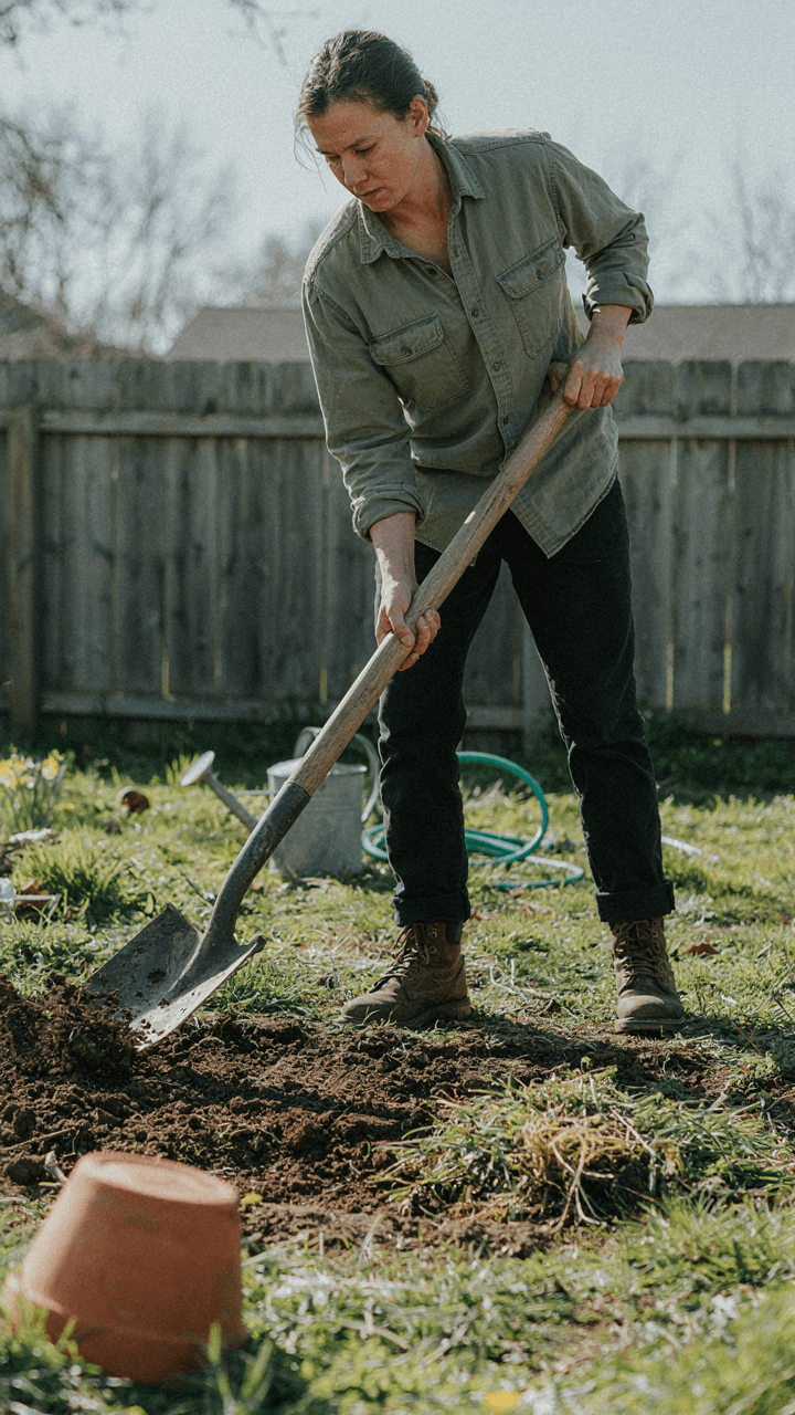 A person digs in neglected soil to start a new garden.
