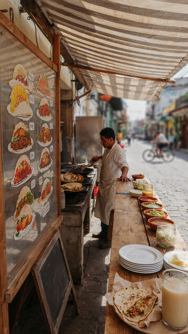 An outdoor taco bar with a large menu board showing pre-set taco options.