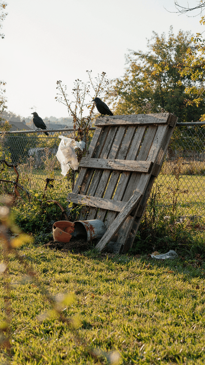 A broken, rotting pallet structure in a neglected backyard.