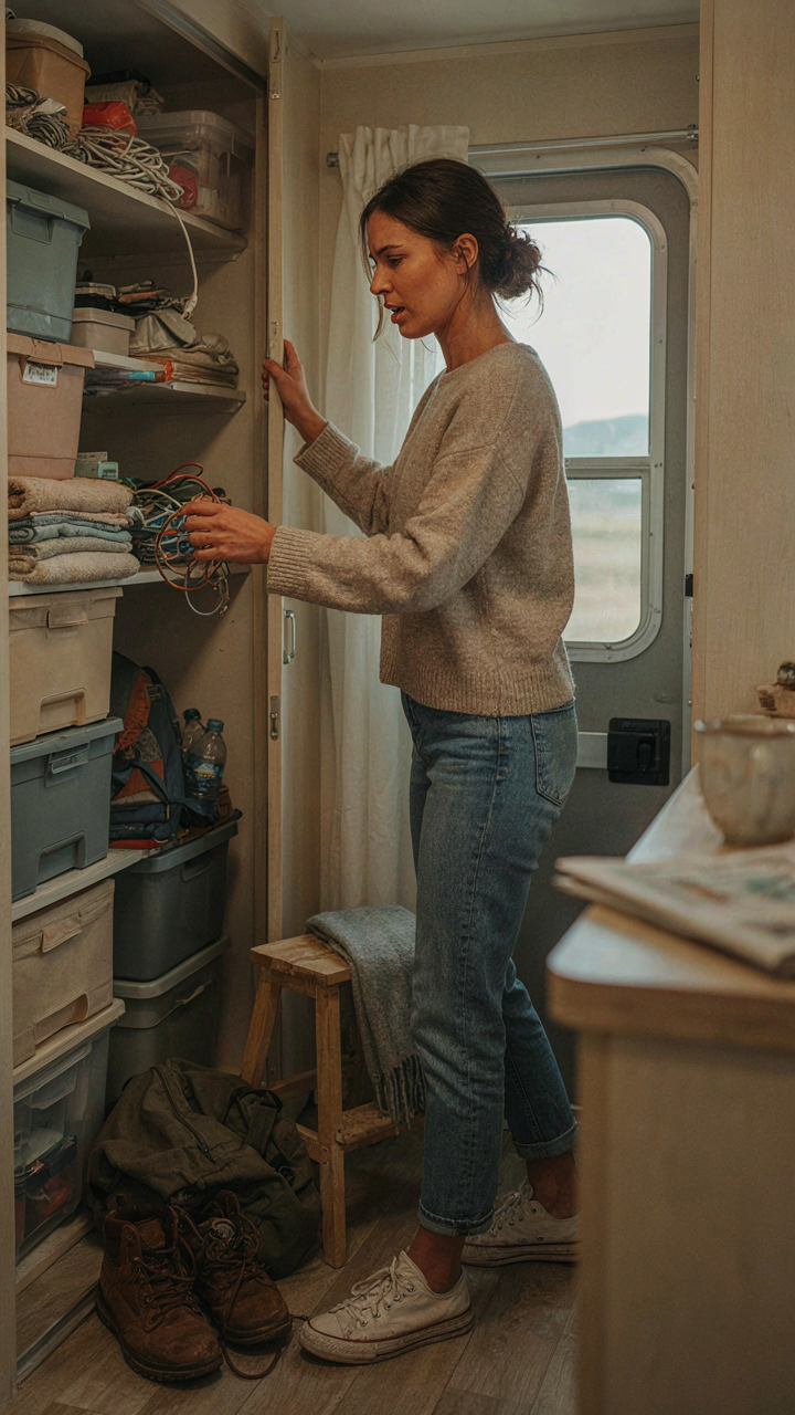 A frustrated person fumbles through a messy RV closet.