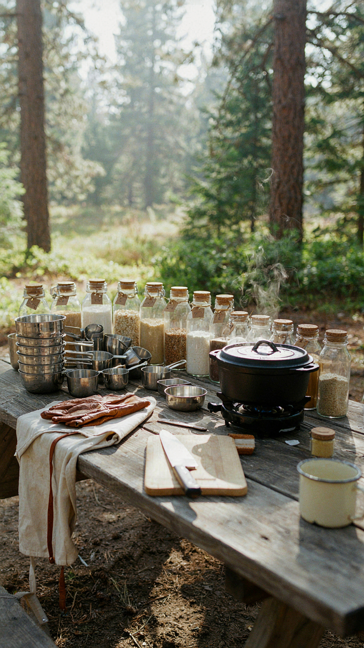 An overly organized camping kitchen with many labeled containers.