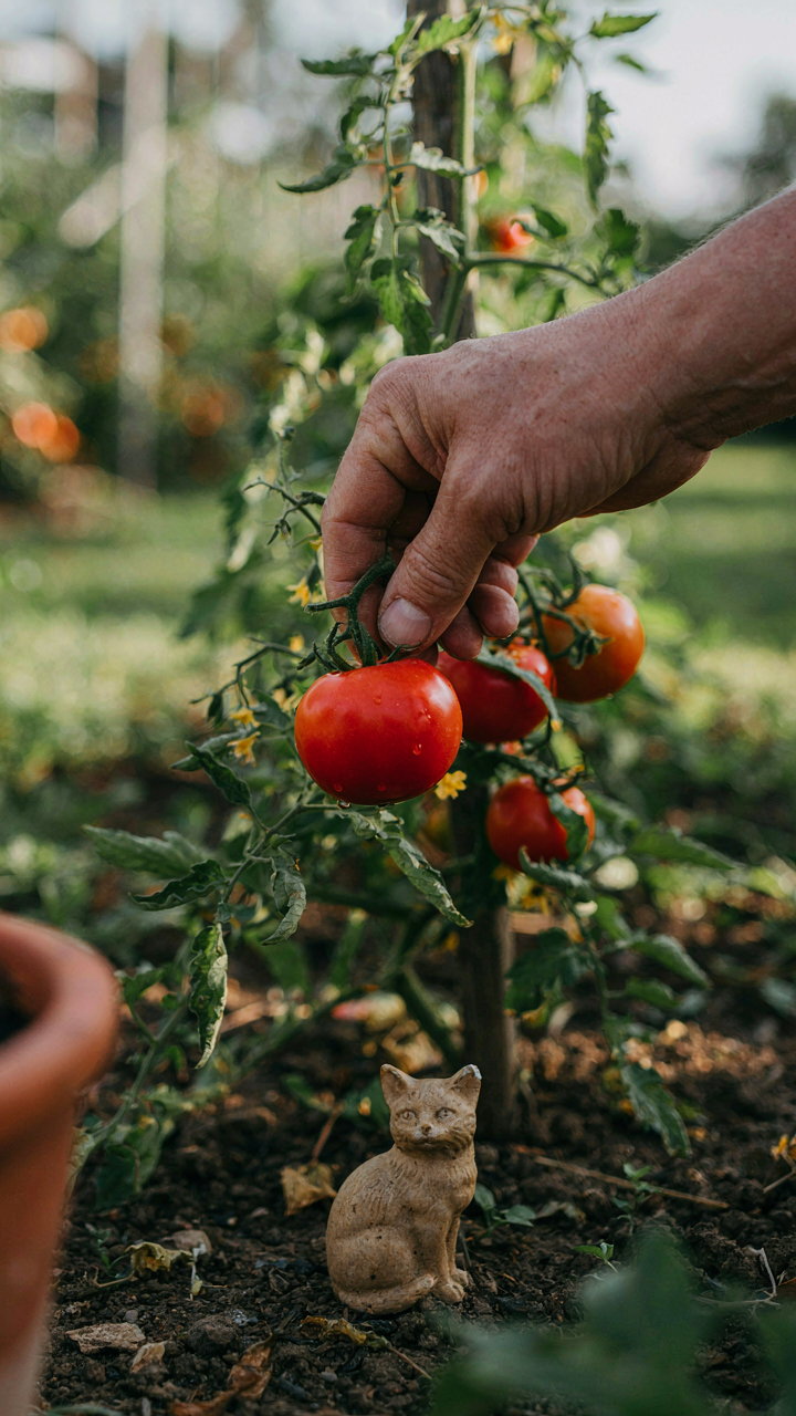 A person chooses a fresh tomato over a small decorative figurine.