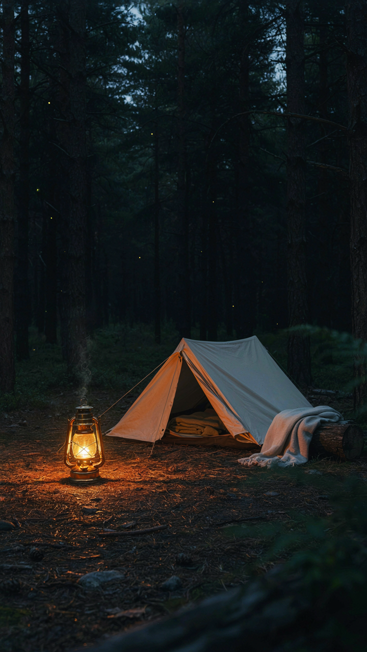 A minimalist campsite at night, lit by one warm lantern.