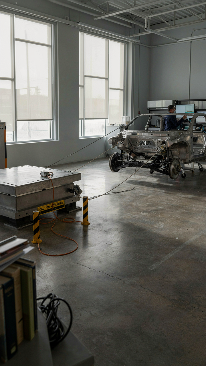 A vibrating machine with sensors in a mechanical engineering lab.