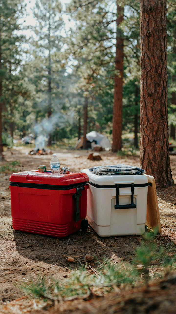 Two separate camping coolers, one for drinks and one for food, sit together.