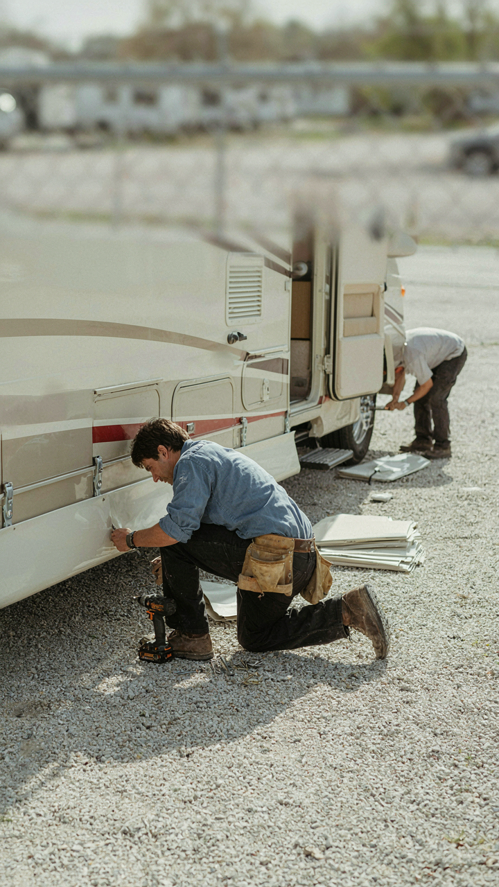A person fastens diy rv skirting to an RV frame.