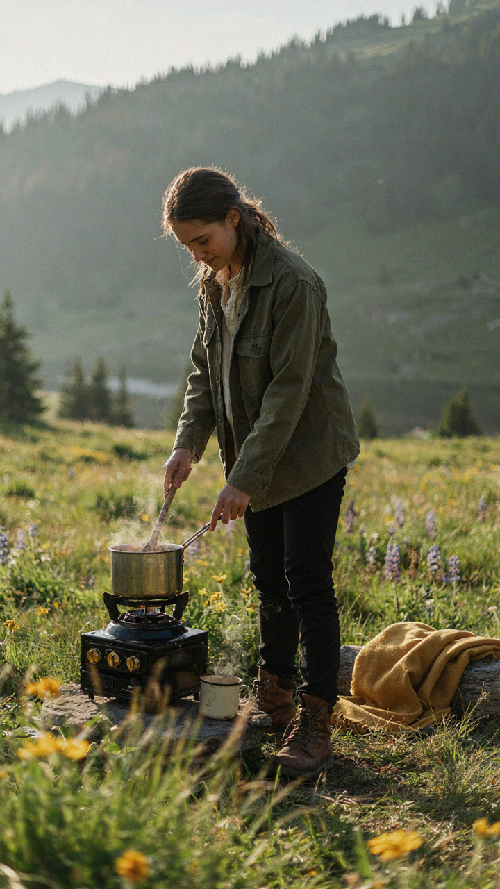 A person cooks on a simple camp stove in a beautiful, remote outdoor place.