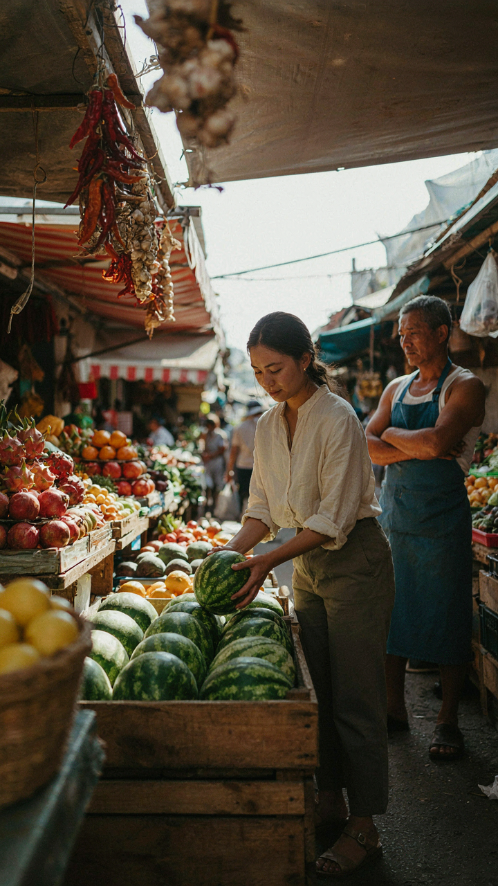 A person chooses a ripe watermelon, showing ease over complicated choices.