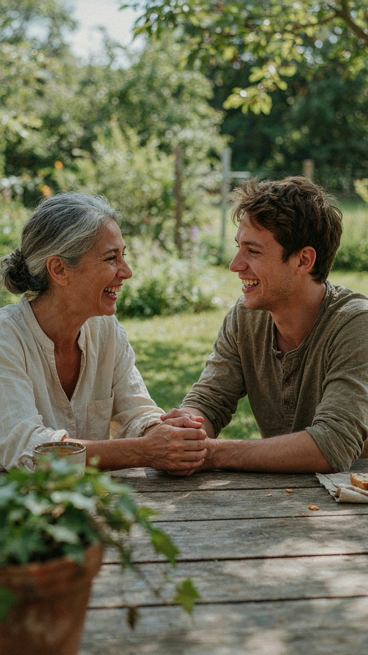 A mother and adult child laugh while holding hands across a wooden table in a backyard.