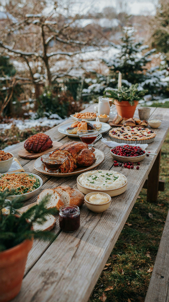 A wooden table is covered with delicious food for an outdoor Christmas party.