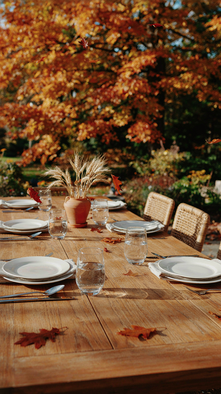A simple wooden table set with plates and glasses in an outdoor fall setting.