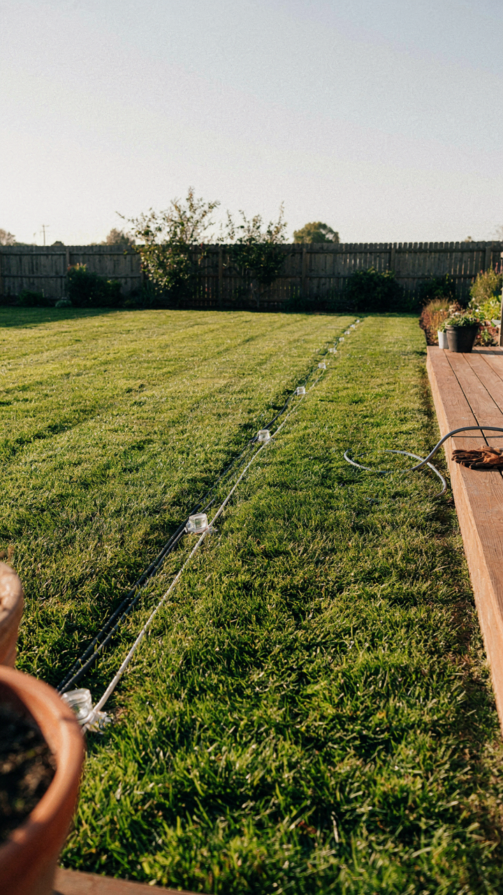 Neatly secured power cables run along the ground in a backyard.