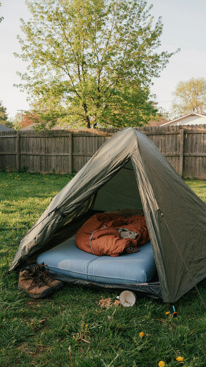 A deflated air mattress in a crumpled tent in a backyard.