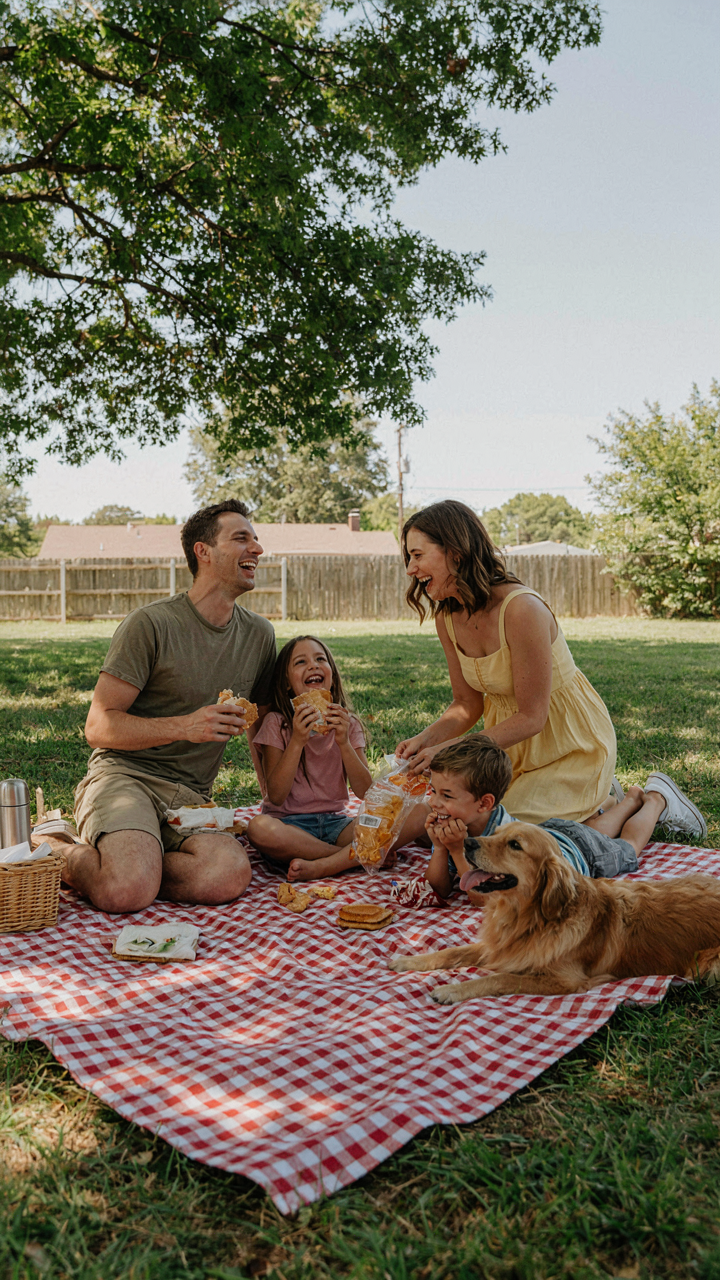 A family eats a simple meal from containers on a blanket.