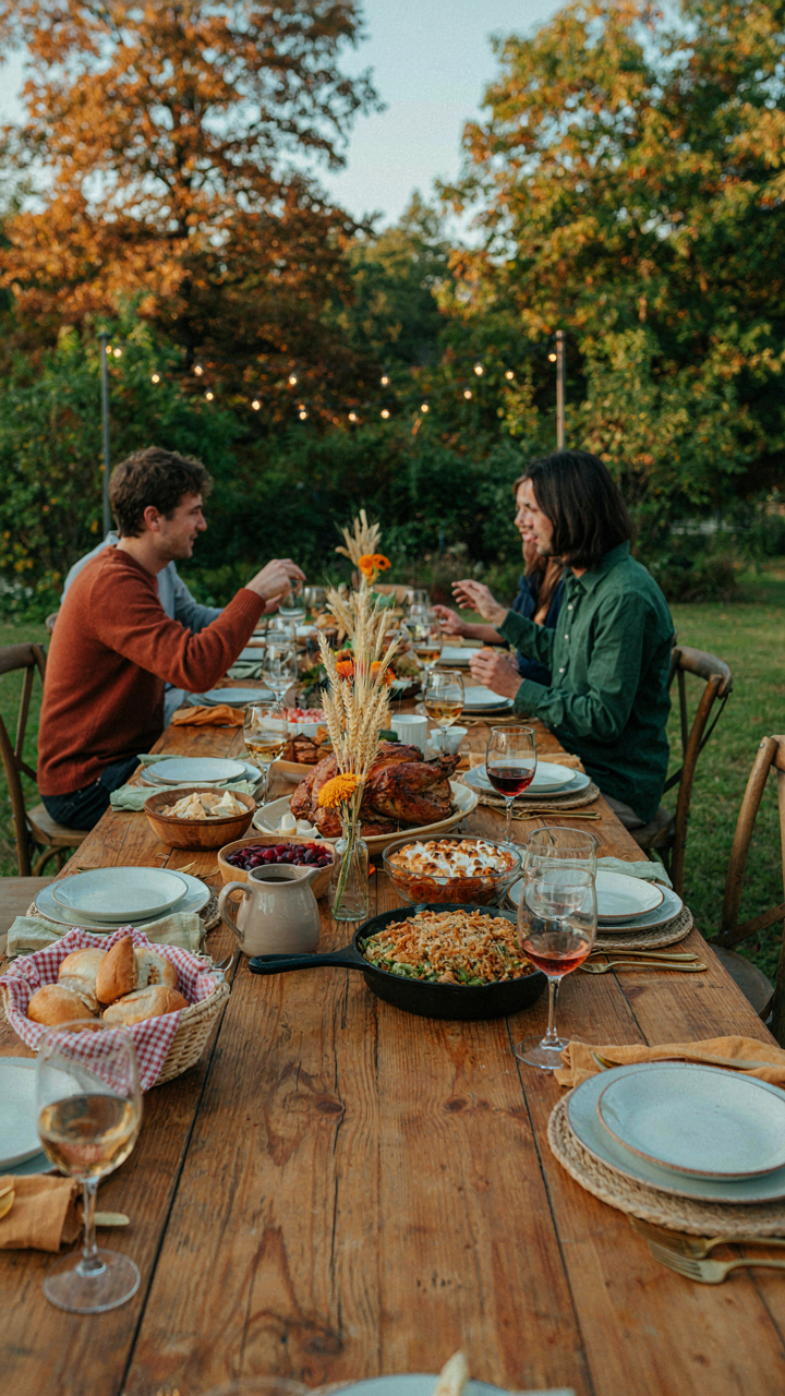 An outdoor Thanksgiving dinner table set simply, allowing guests to see each other.