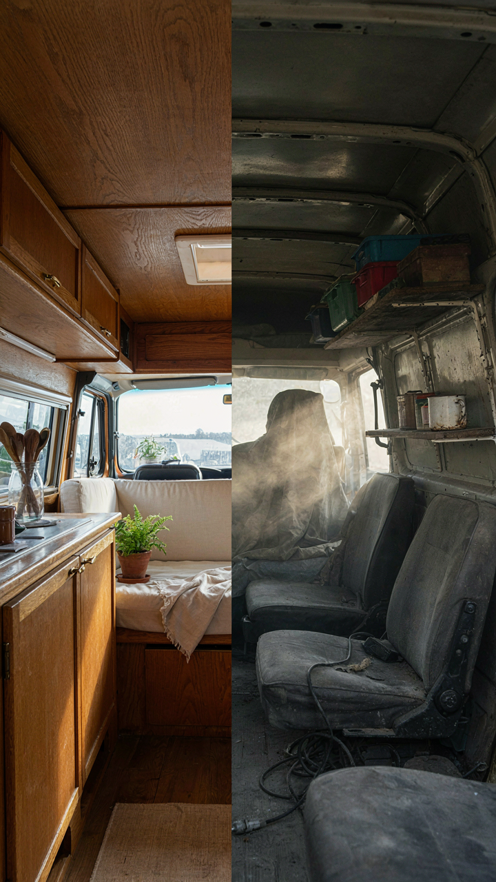 A clean, styled camper van interior is next to a dusty, functional one.