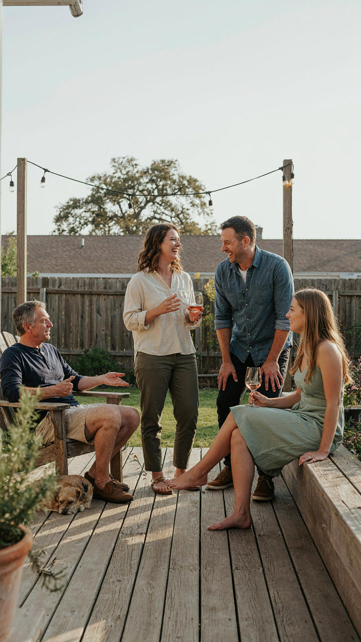 A lively group of people talking and laughing on a backyard patio.