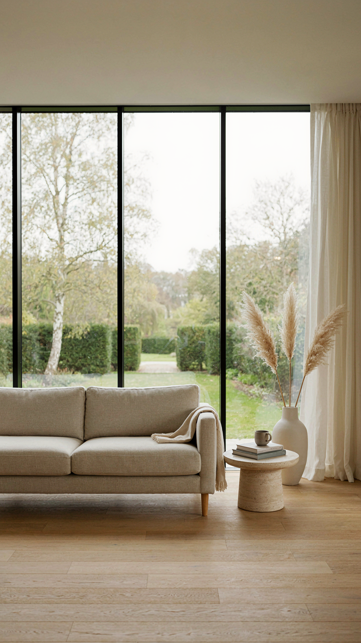 A minimalist living room with a simple sofa and a large window.