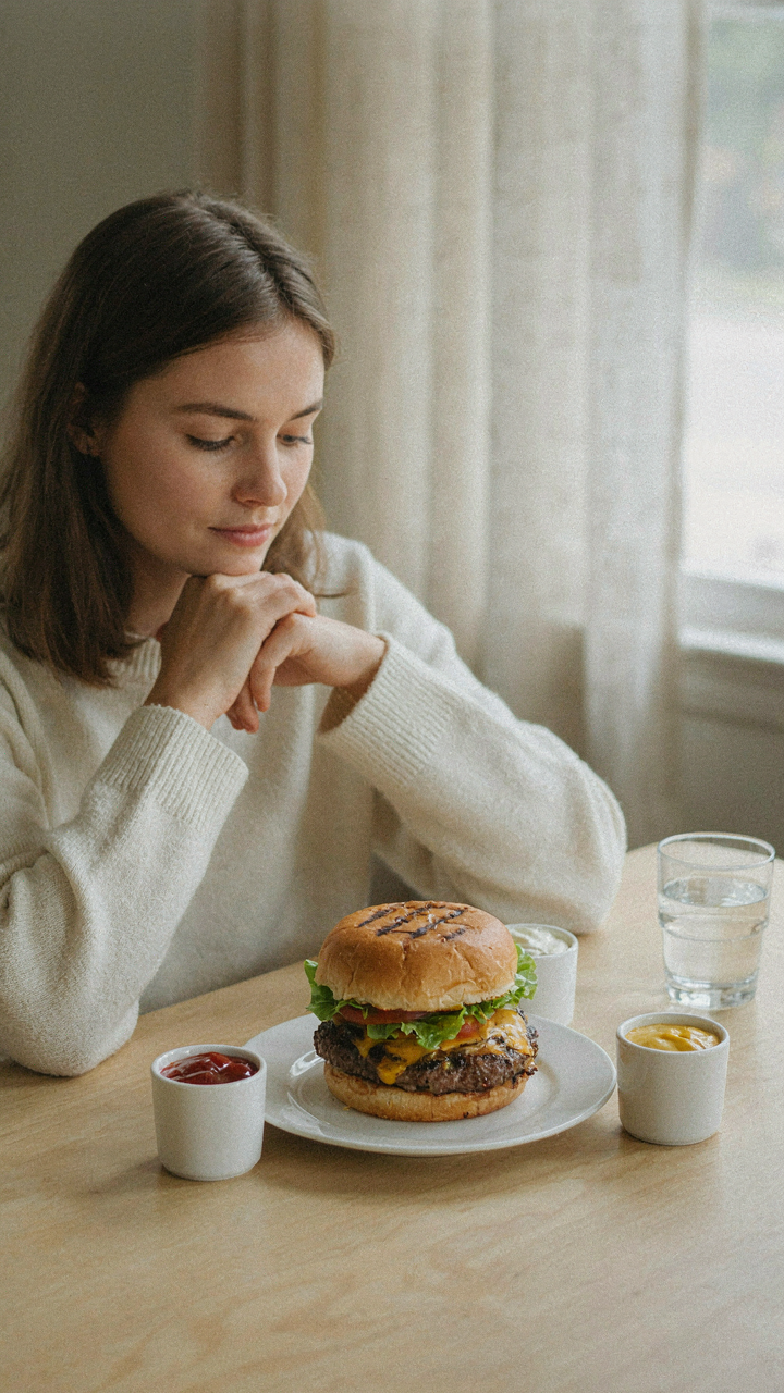 A person looks at a single, well-cooked hamburger on a plate.