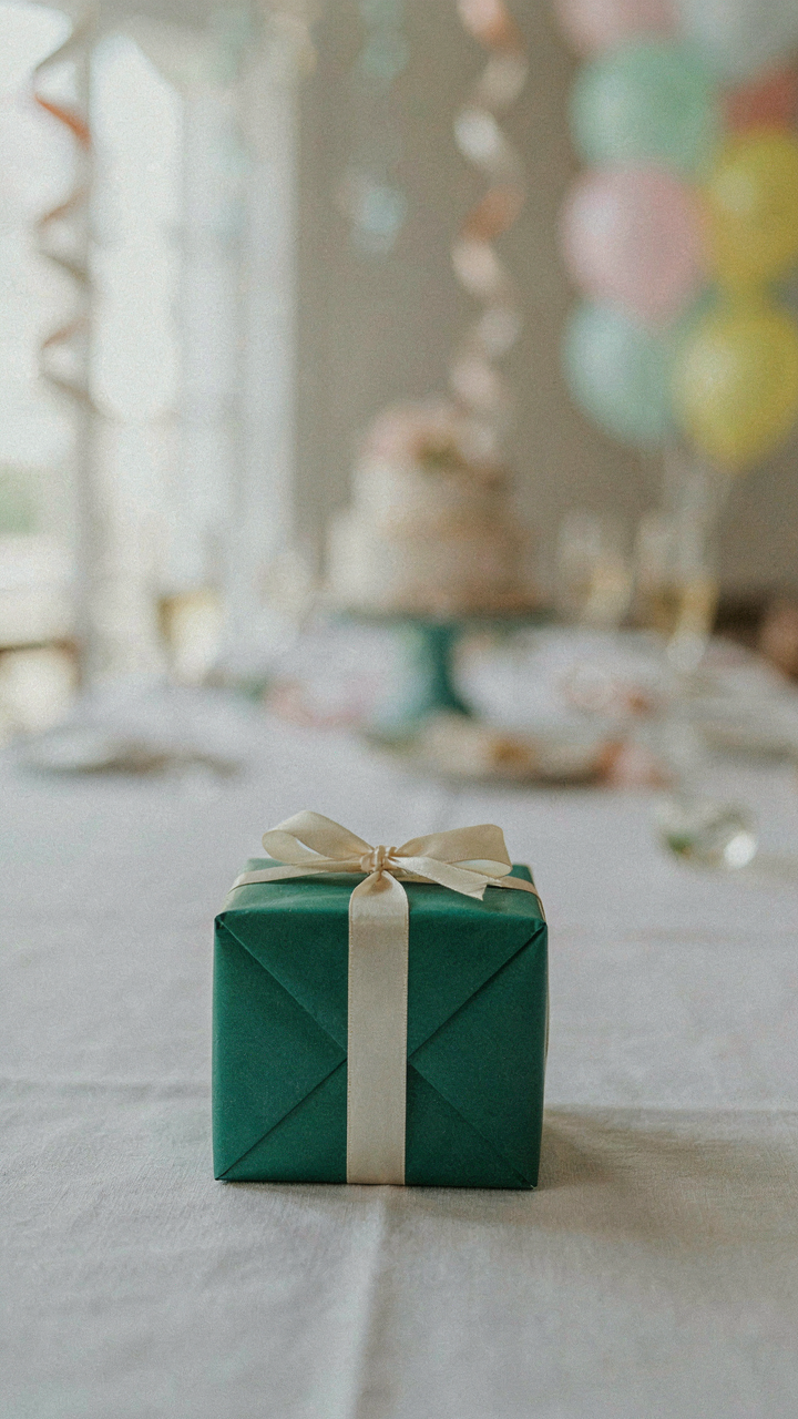 A fancy gift box sits on a white tablecloth, surrounded by blurry, generic party items.