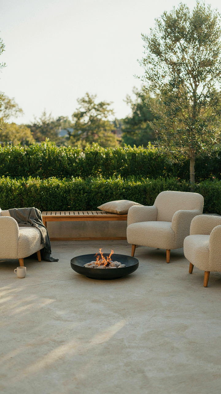 A minimalist backyard with a fire pit and comfortable seats.