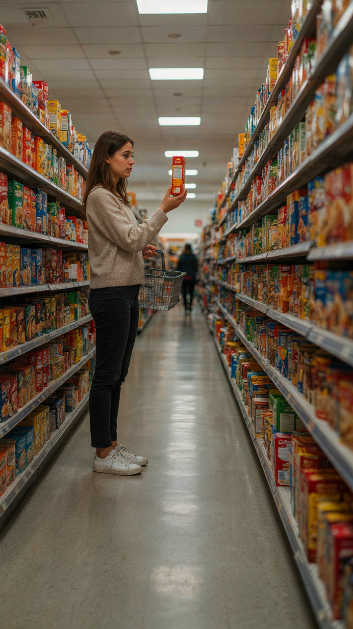 A person looks confused in a grocery store aisle packed with too many cereal choices.