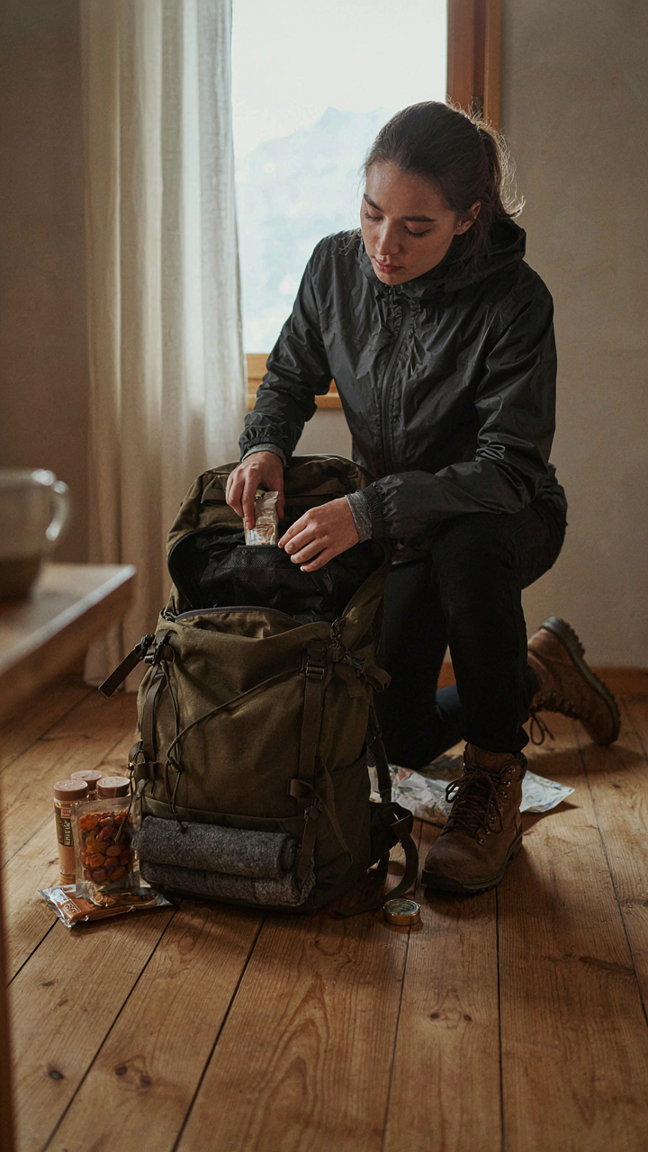 A backpacker organizes calorie-dense food in a pack.