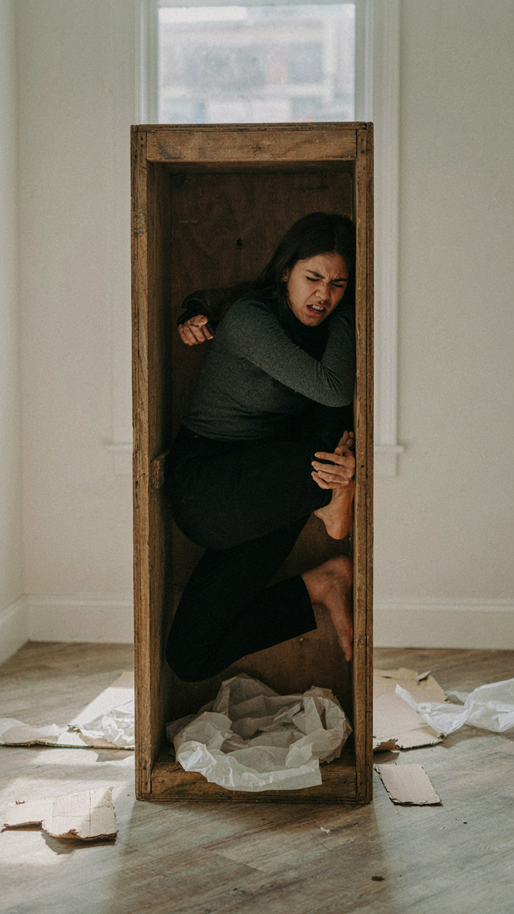 A person struggles to adapt to a very tight, constricting space.