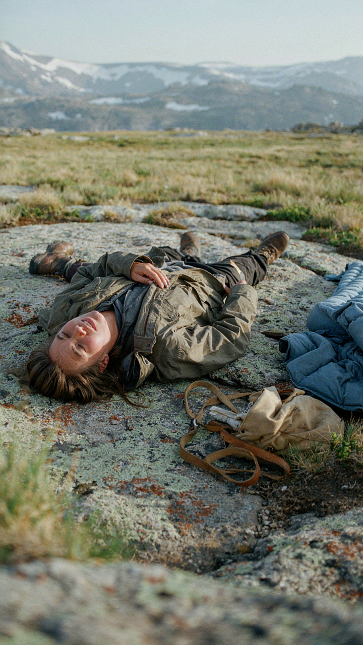 A person lies uncomfortably on rocks without a sleeping pad.