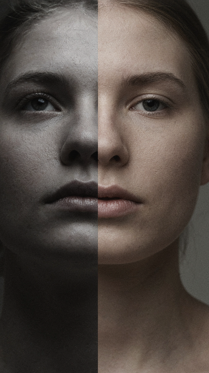 A person's face with harsh uplighting creating shadows, next to one with soft downlighting.